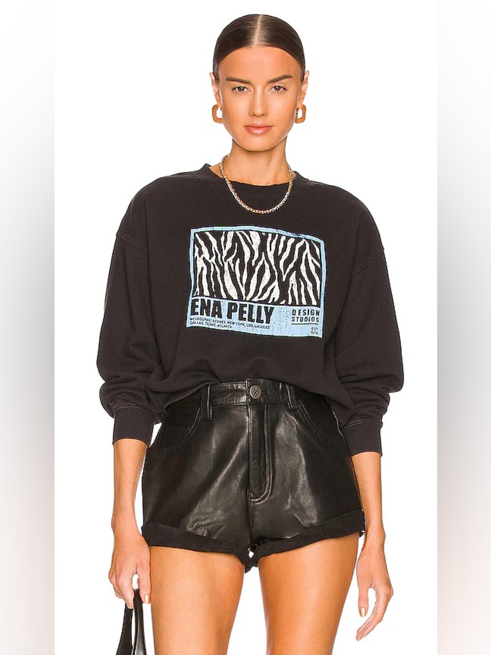 Revolve Black Crewneck Sweatshirt XS Ena Pelly Teal Blue Animal Print Indie